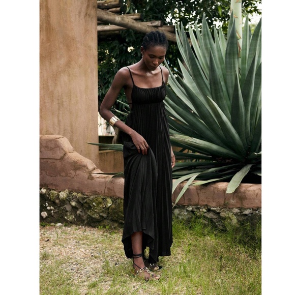 Black Pleated Maxi Babydoll Dress Open Back Flowy Skirt Tie Straps - Picture 9 of 10